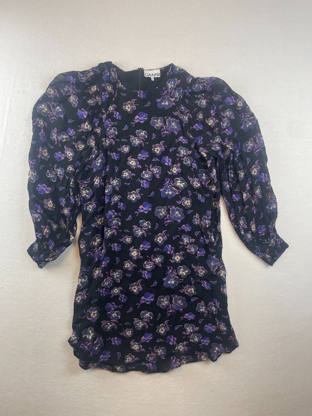GANNI Georgette Womens EU 38 US 6 Medium Mini Shift Dress Black Purple Floral Ba